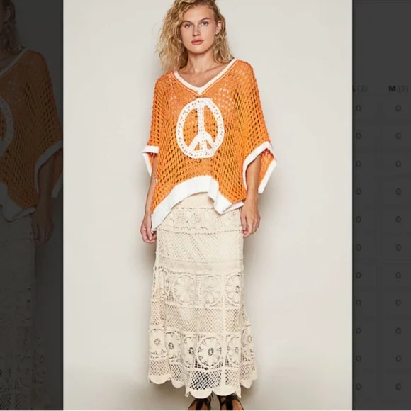 POL Dreamsicle Open Weave Crochet Peace Sign Sweater Size Small - Picture 13 of 14